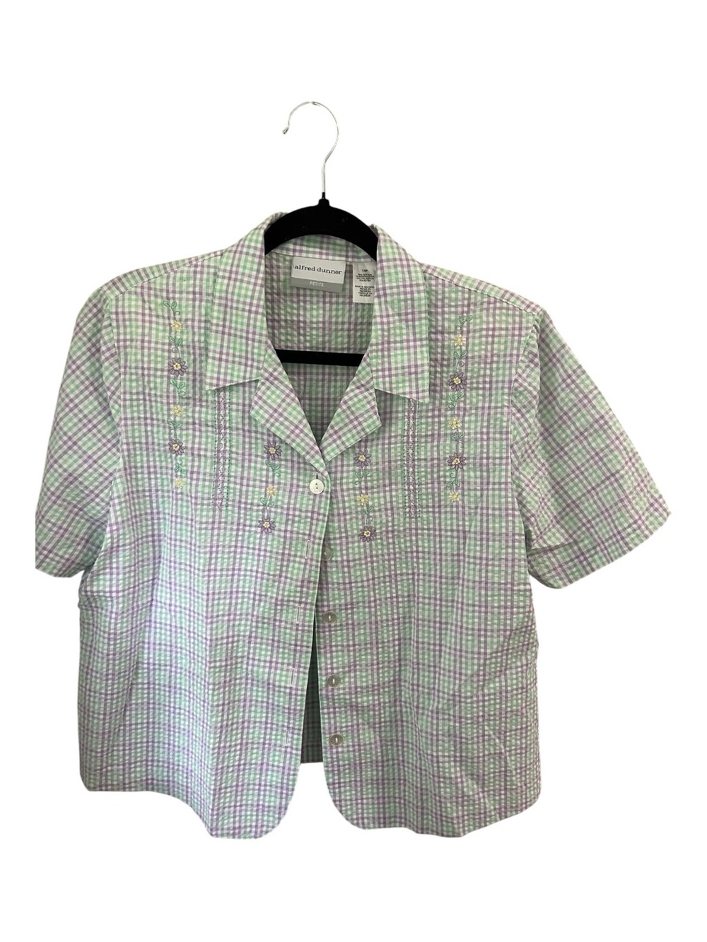 Alfred Dunner Lavender and Light Green Plaid Short Sleeve Button Shirt